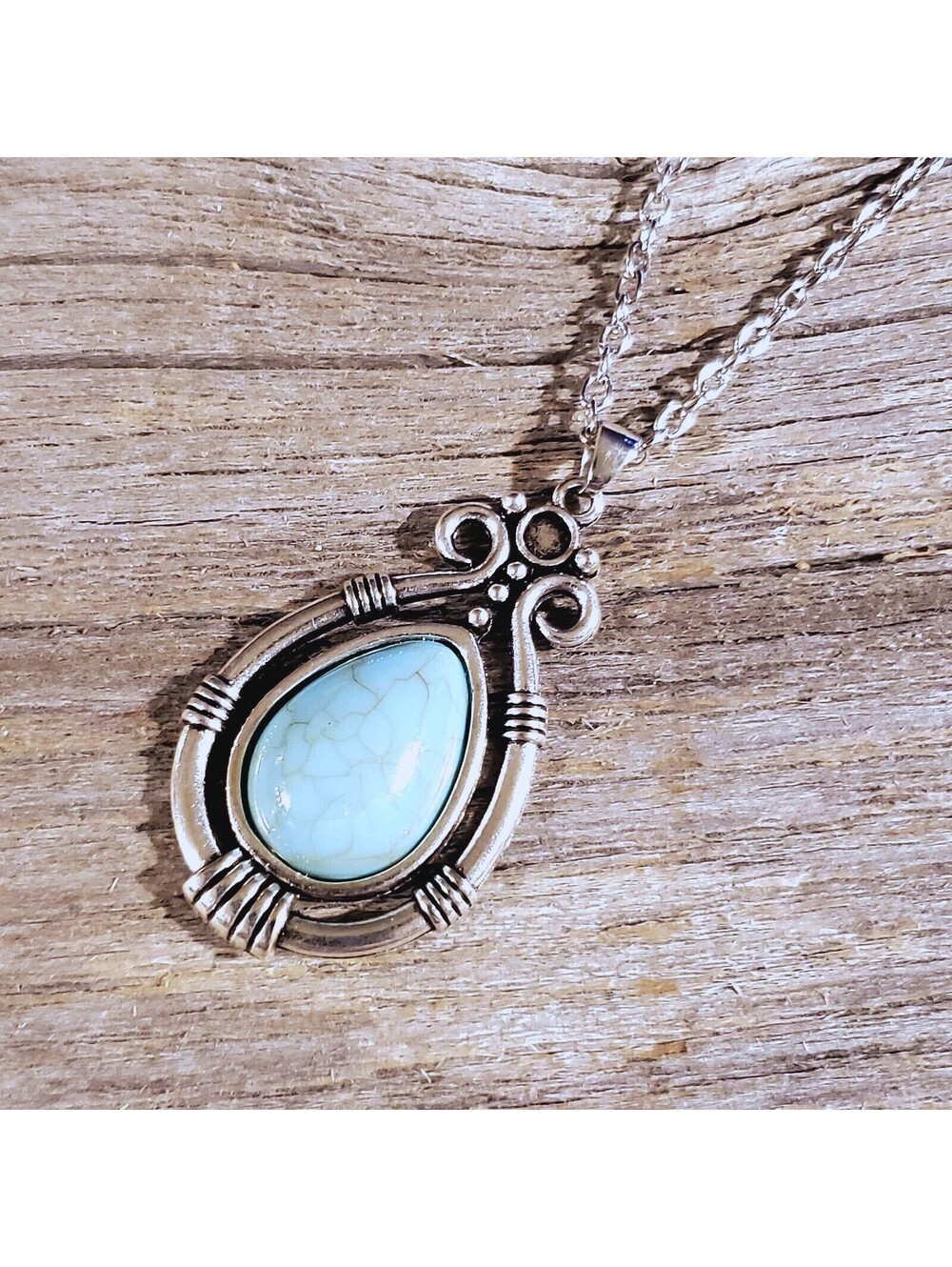 Turquoise Blue Stone Silver Chain Necklace
